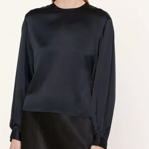 Vince pleated cuff black silk blouse with pearl button